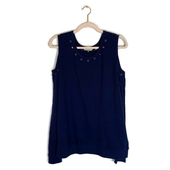 Soft Surroundings Cold Shoulder Top Sz M Knit Navy Blue Grommet Long Sleeve - Picture 1 of 8